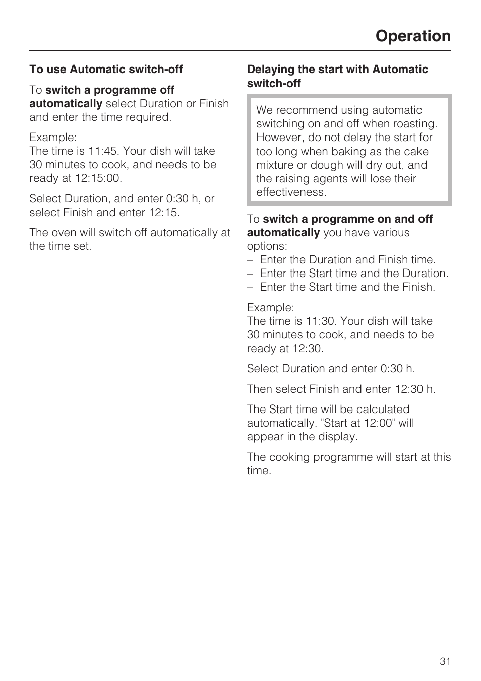 To use automatic switch-off 31, Delaying the start with automatic switch-off 31, Operation | Miele H 5961 B User Manual | Page 31 / 84