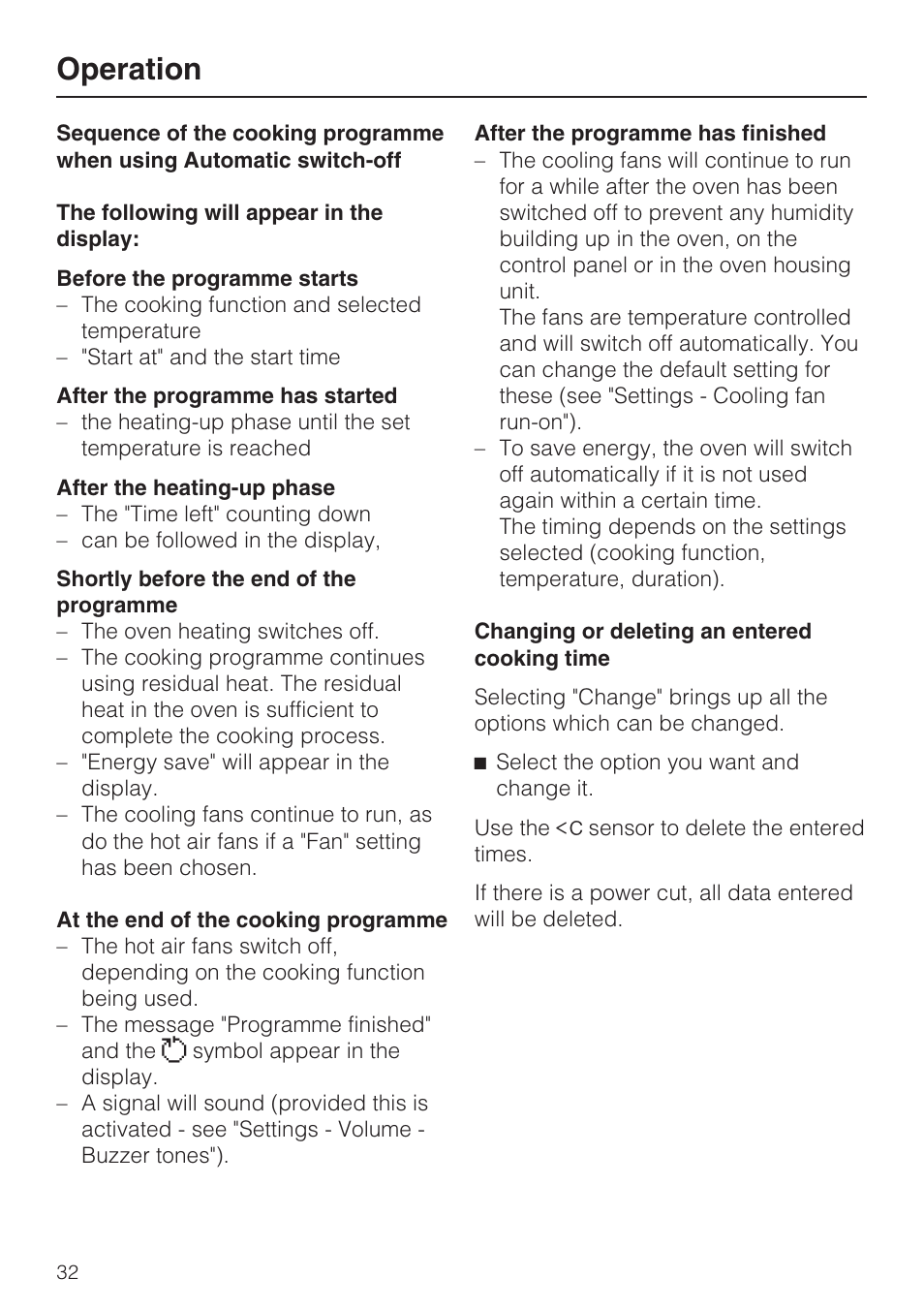 The following will appear in the display: 32, Changing or deleting an entered cooking time 32, Operation | Miele H 5961 B User Manual | Page 32 / 84