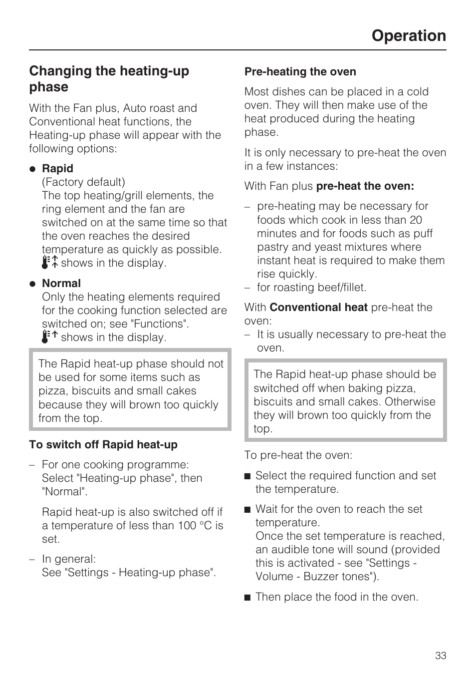 Changing the heating-up phase 33, Pre-heating the oven 33, Operation | Changing the heating-up phase | Miele H 5961 B User Manual | Page 33 / 84