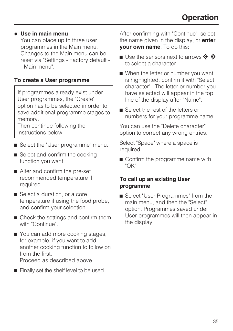 To create a user programme 35, To call up an existing user programme 35, Operation | Miele H 5961 B User Manual | Page 35 / 84