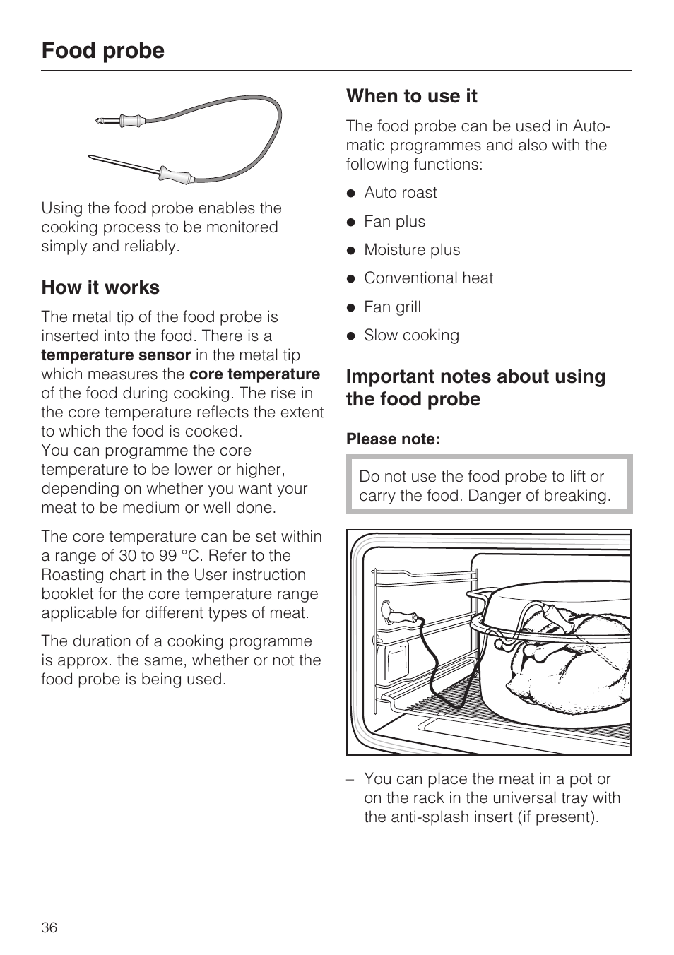 Food probe 36, How it works 36, When to use it 36 | Important notes about using the food probe 36, Food probe, How it works, When to use it | Miele H 5961 B User Manual | Page 36 / 84