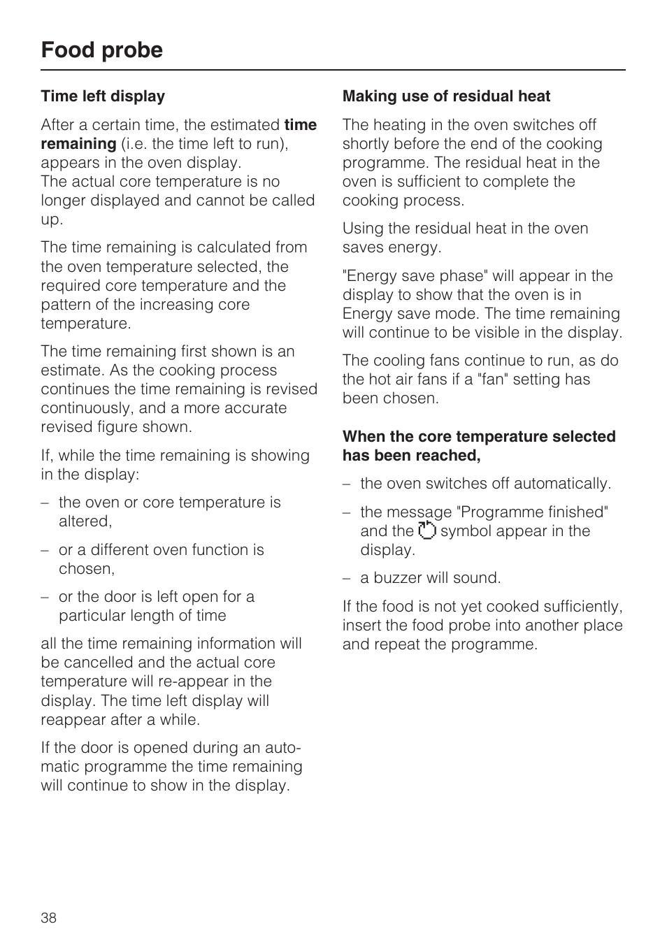 Time left display 38, Making use of residual heat 38, Food probe | Miele H 5961 B User Manual | Page 38 / 84