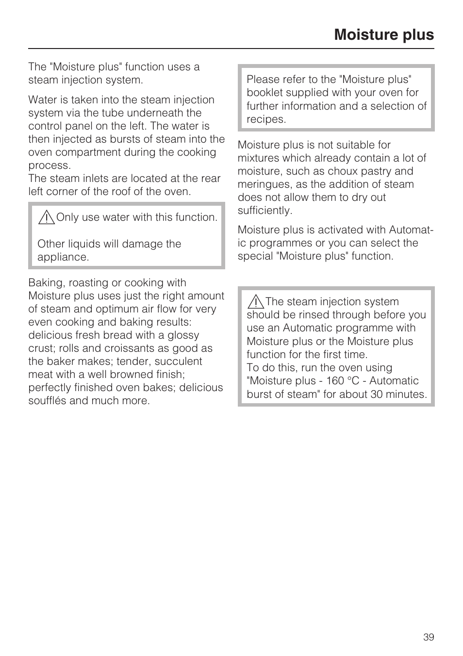 Moisture plus 39, Moisture plus | Miele H 5961 B User Manual | Page 39 / 84