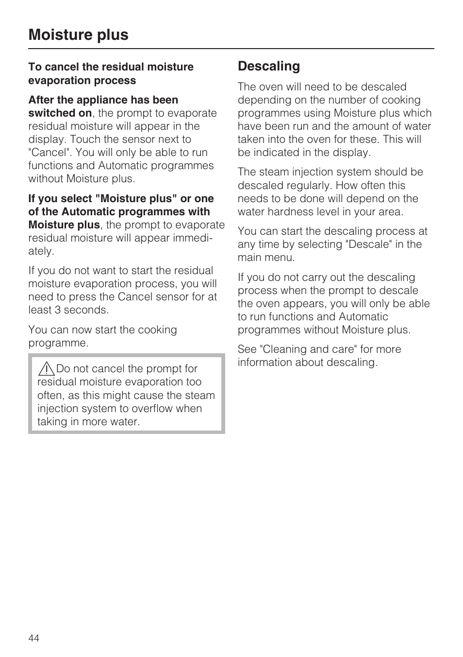 Descaling 44, Moisture plus, Descaling | Miele H 5961 B User Manual | Page 44 / 84