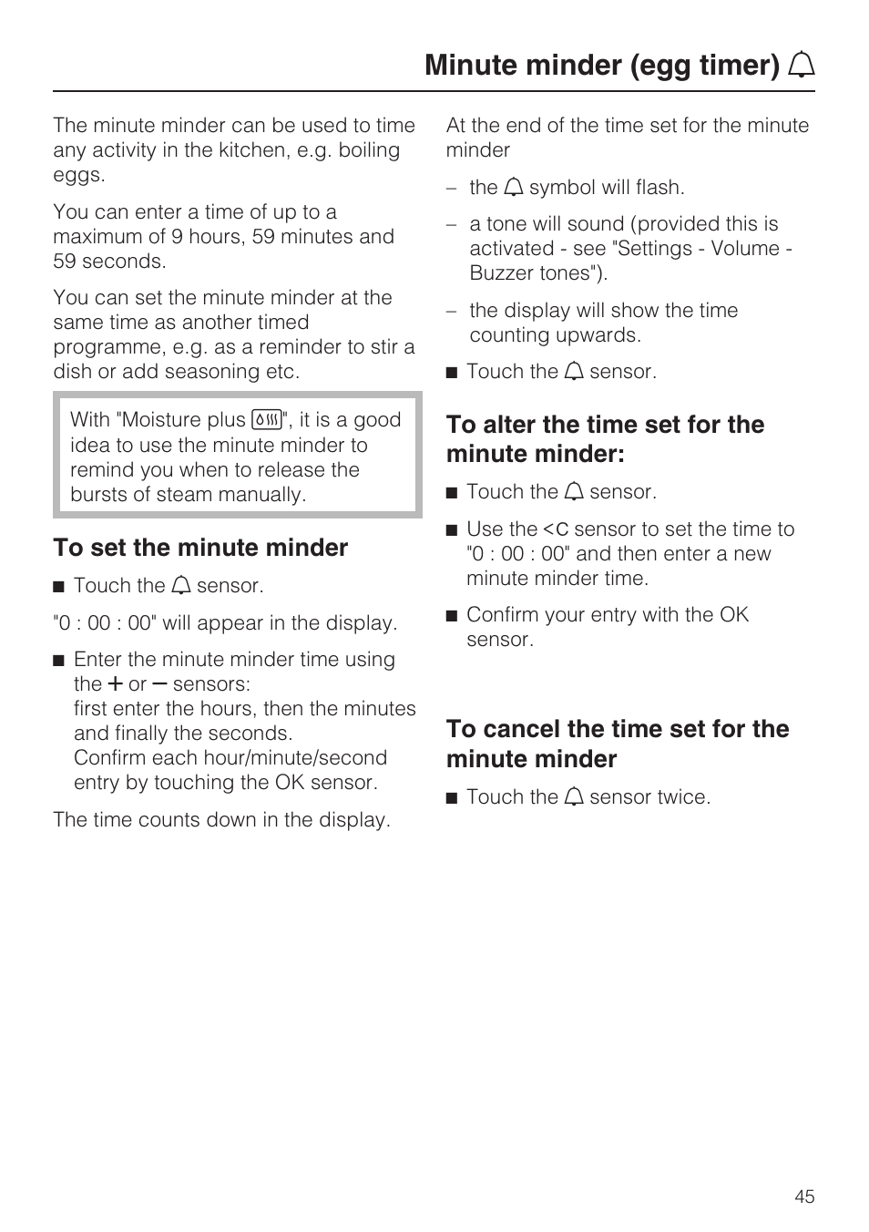 Minute minder (egg timer) n 45, Minute minder (egg timer) n | Miele H 5961 B User Manual | Page 45 / 84