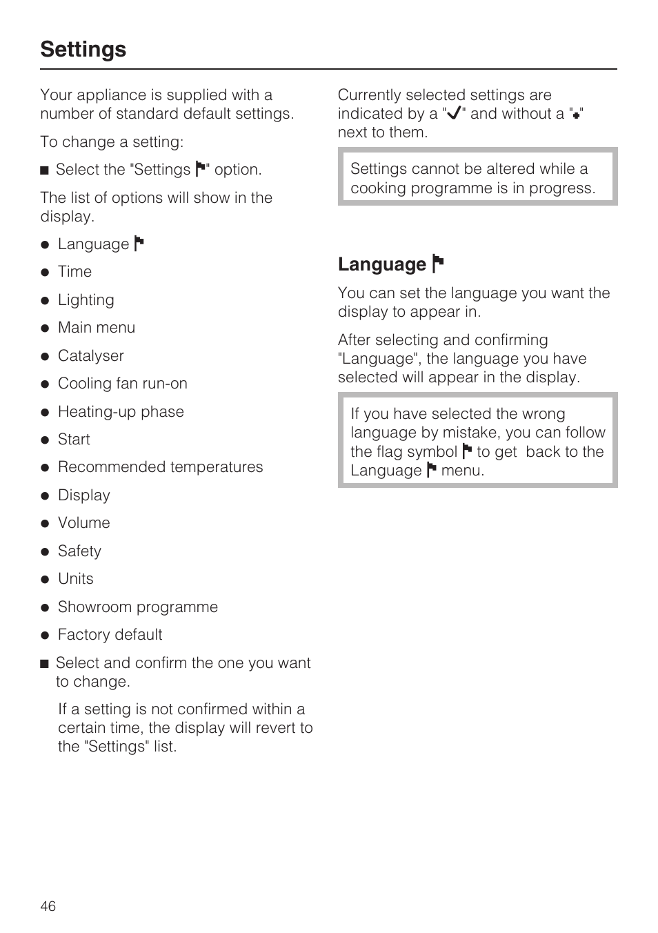Settings 46, Language j 46, Settings | Language j | Miele H 5961 B User Manual | Page 46 / 84
