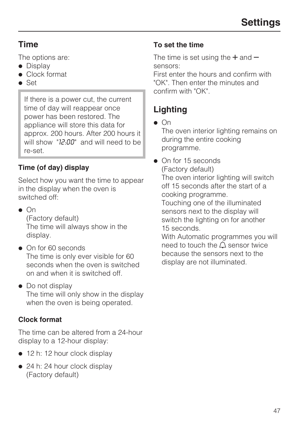 Time 47, Time (of day) display 47, Clock format 47 | To set the time 47, Lighting 47, Settings, Time, Lighting | Miele H 5961 B User Manual | Page 47 / 84