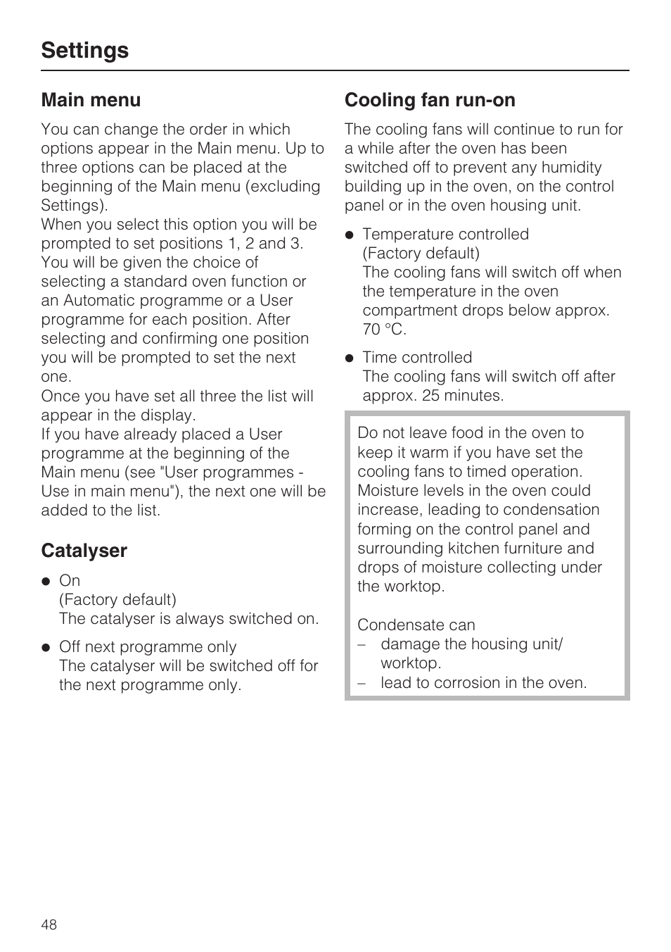 Main menu 48, Catalyser 48, Cooling fan run-on 48 | Settings, Main menu, Catalyser, Cooling fan run-on | Miele H 5961 B User Manual | Page 48 / 84