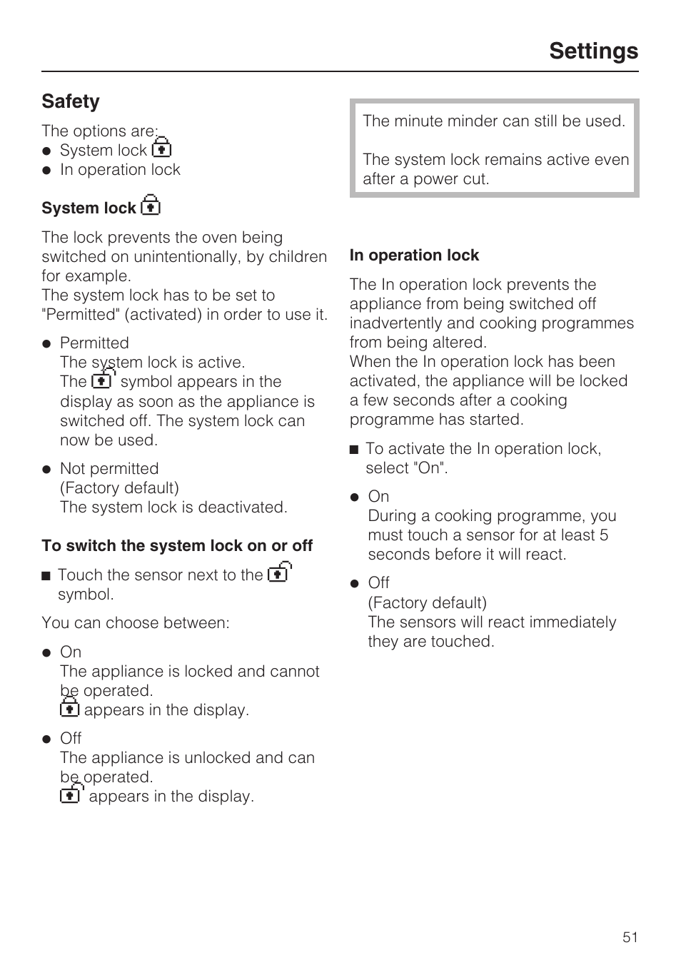 Safety 51, System lock 0 51, In operation lock 51 | Settings, Safety | Miele H 5961 B User Manual | Page 51 / 84