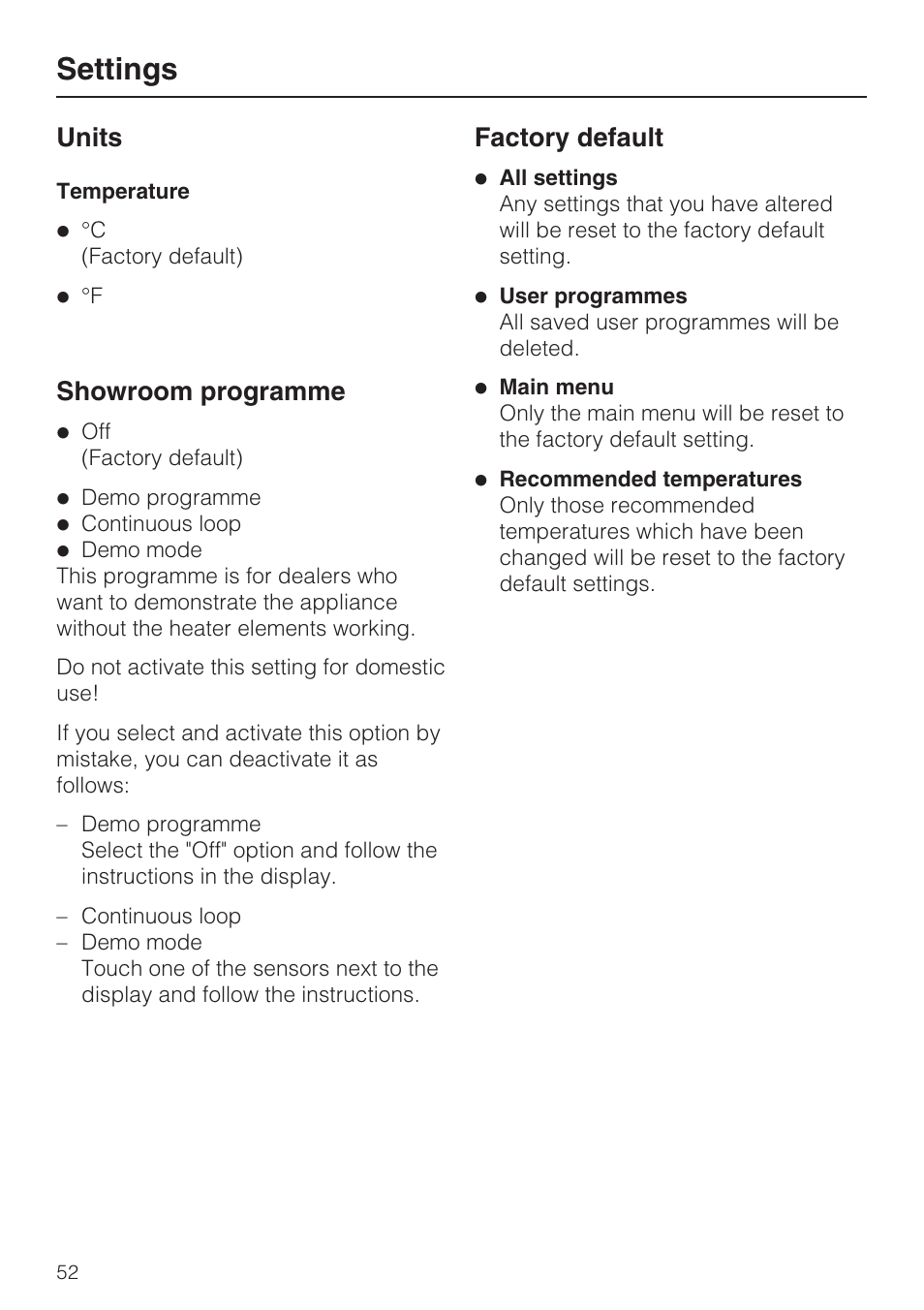 Units 52, Temperature 52, Showroom programme 52 | Factory default 52, Settings, Units, Showroom programme, Factory default | Miele H 5961 B User Manual | Page 52 / 84