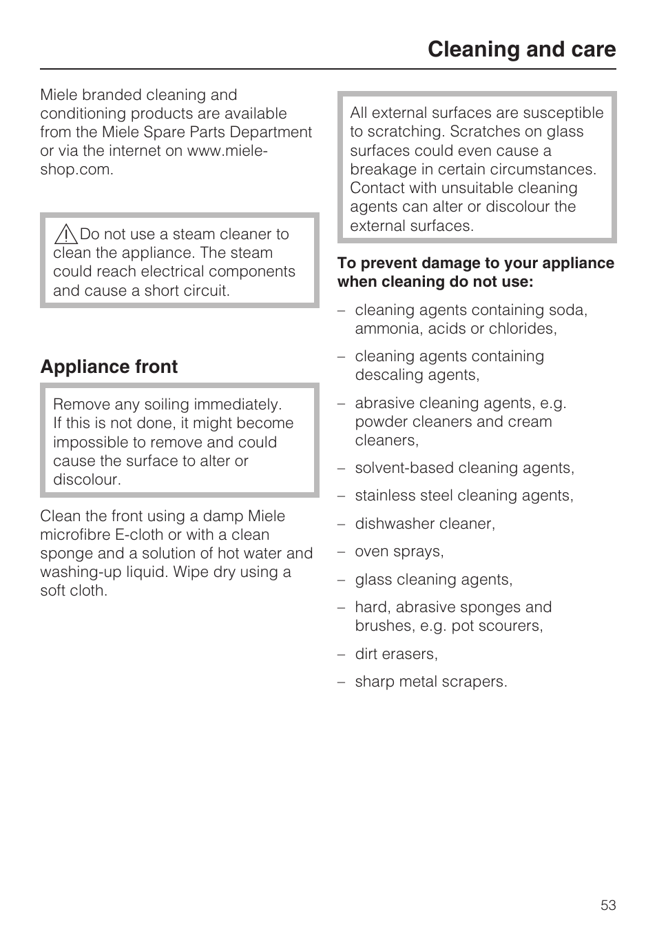 Cleaning and care 53, Appliance front 53, Cleaning and care | Appliance front | Miele H 5961 B User Manual | Page 53 / 84