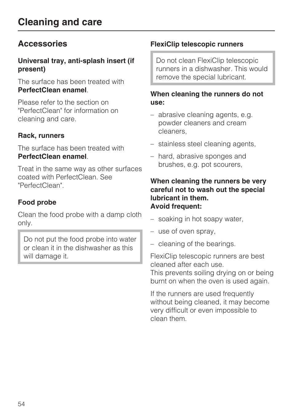 Accessories 54, Universal tray, anti-splash insert (if present) 54, Rack, runners 54 | Food probe 54, Flexiclip telescopic runners 54, Cleaning and care, Accessories | Miele H 5961 B User Manual | Page 54 / 84