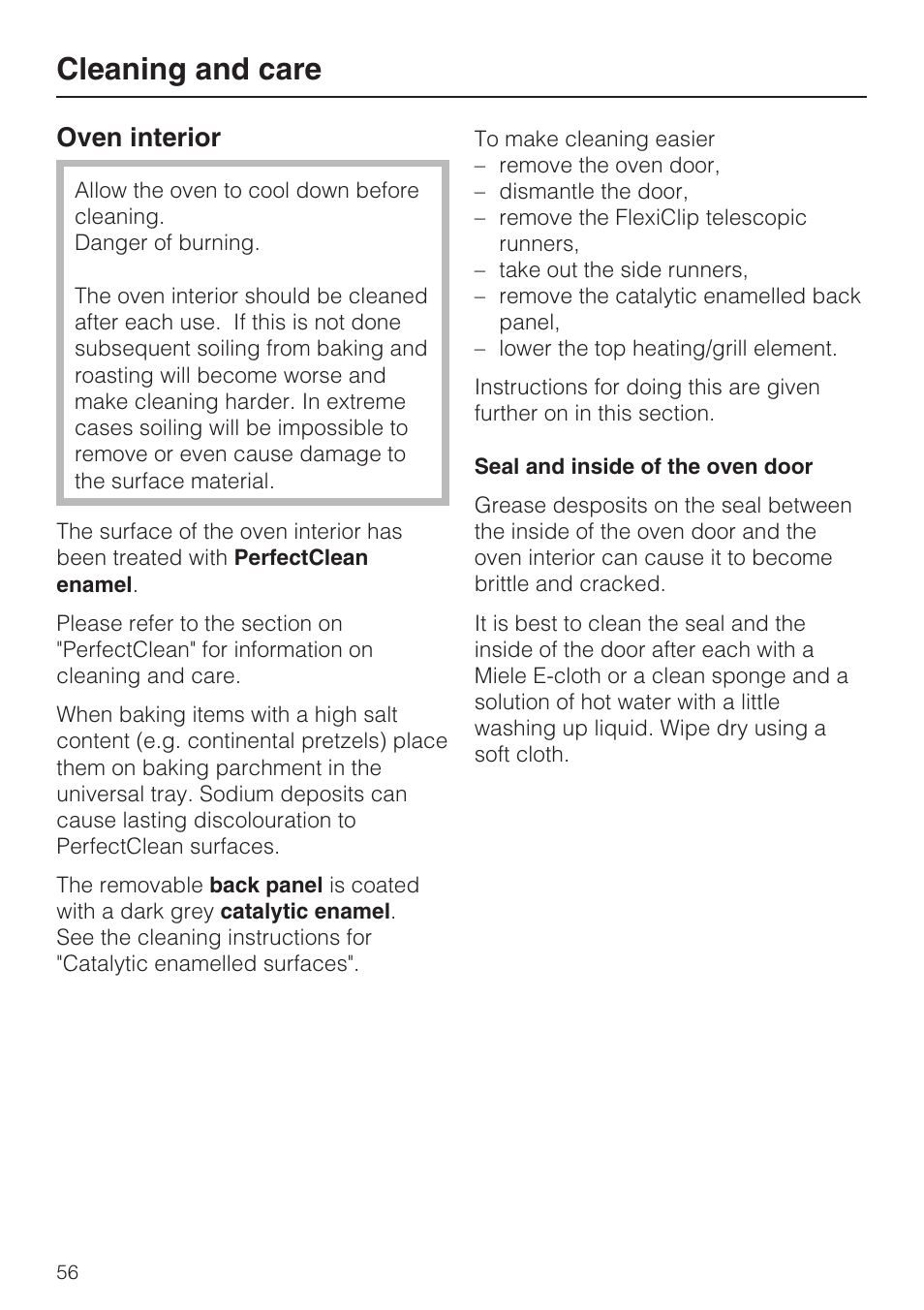 Oven interior 56, Seal and inside of the oven door 56, Cleaning and care | Oven interior | Miele H 5961 B User Manual | Page 56 / 84