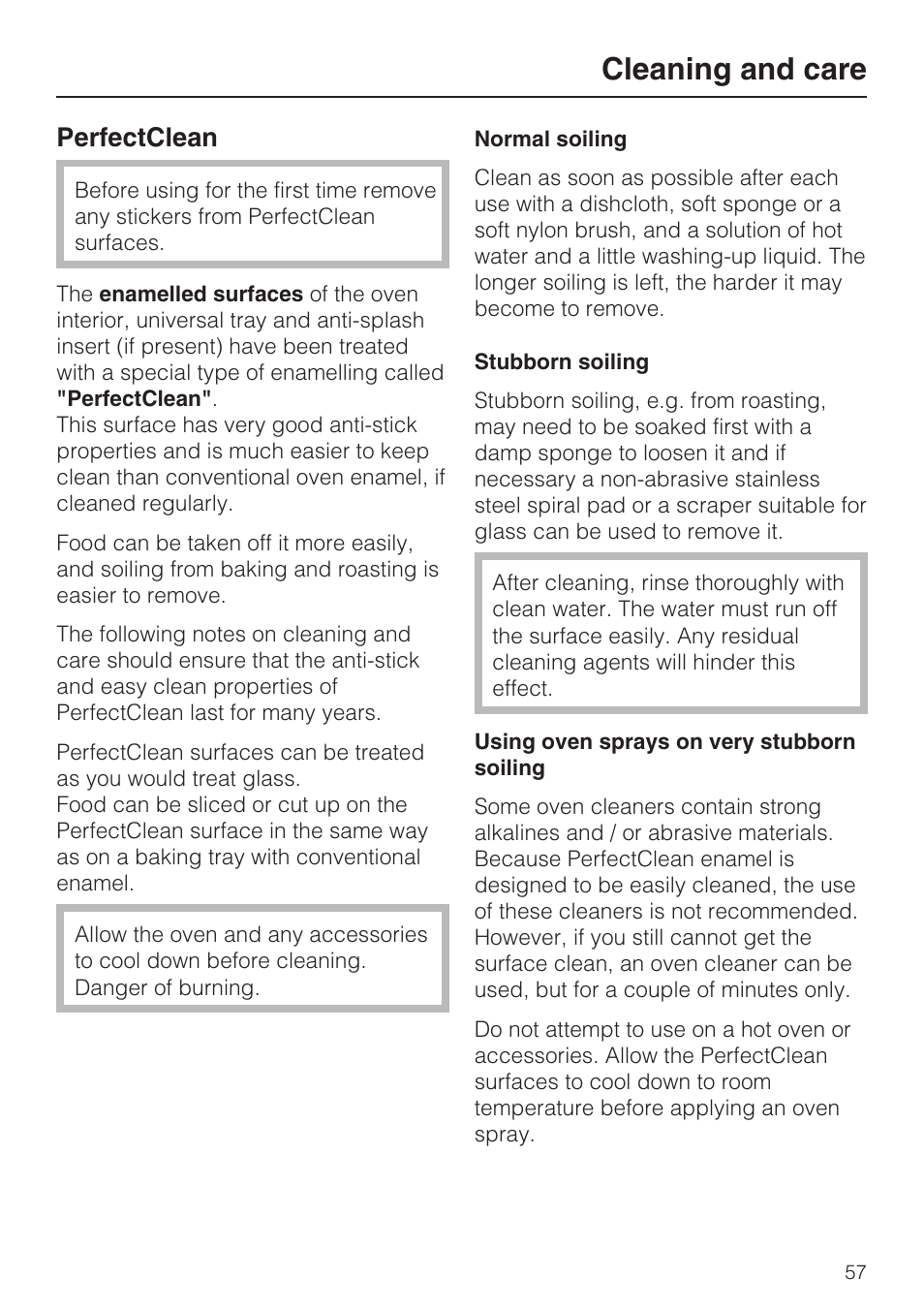 Perfectclean 57, Cleaning and care, Perfectclean | Miele H 5961 B User Manual | Page 57 / 84