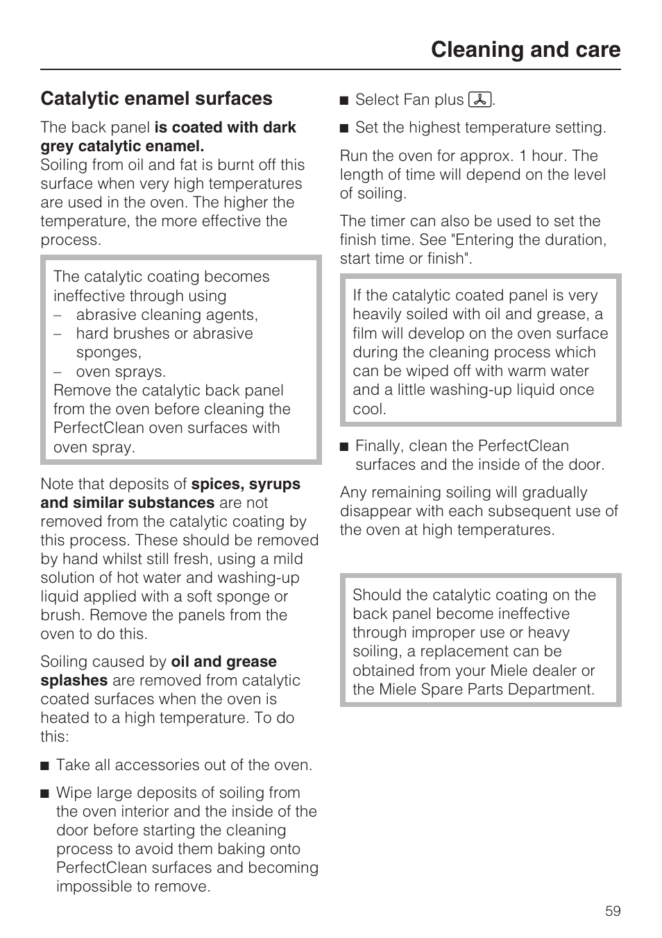 Catalytic enamel surfaces 59, Cleaning and care, Catalytic enamel surfaces | Miele H 5961 B User Manual | Page 59 / 84