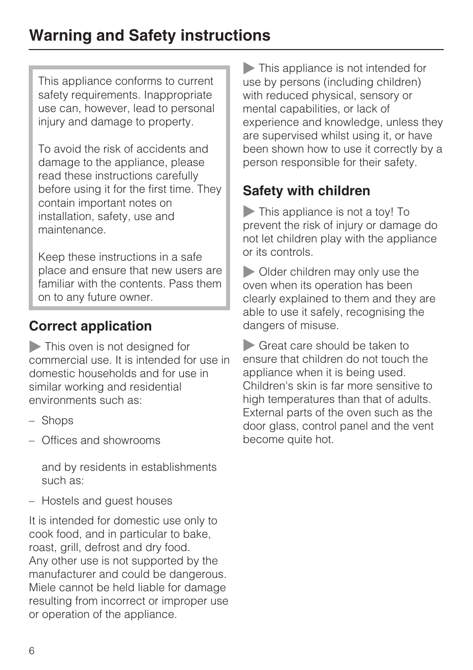 Warning and safety instructions 6, Warning and safety instructions | Miele H 5961 B User Manual | Page 6 / 84