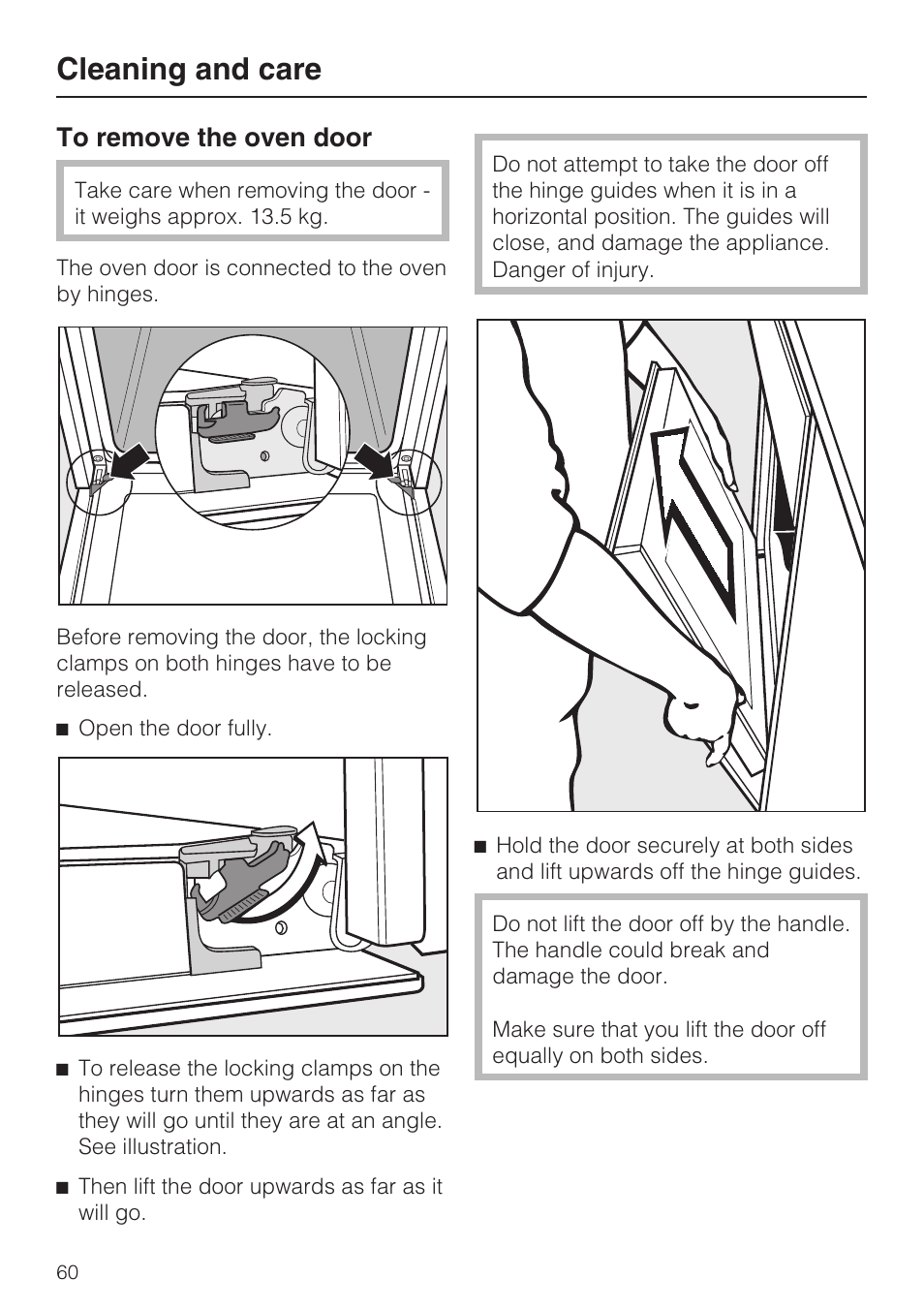 To remove the oven door 60, Cleaning and care | Miele H 5961 B User Manual | Page 60 / 84