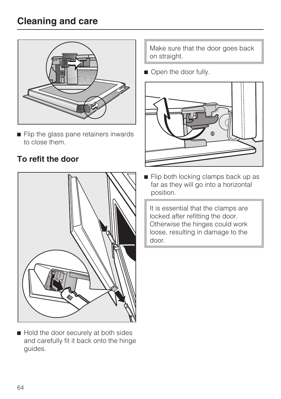 To refit the door 64, Cleaning and care | Miele H 5961 B User Manual | Page 64 / 84