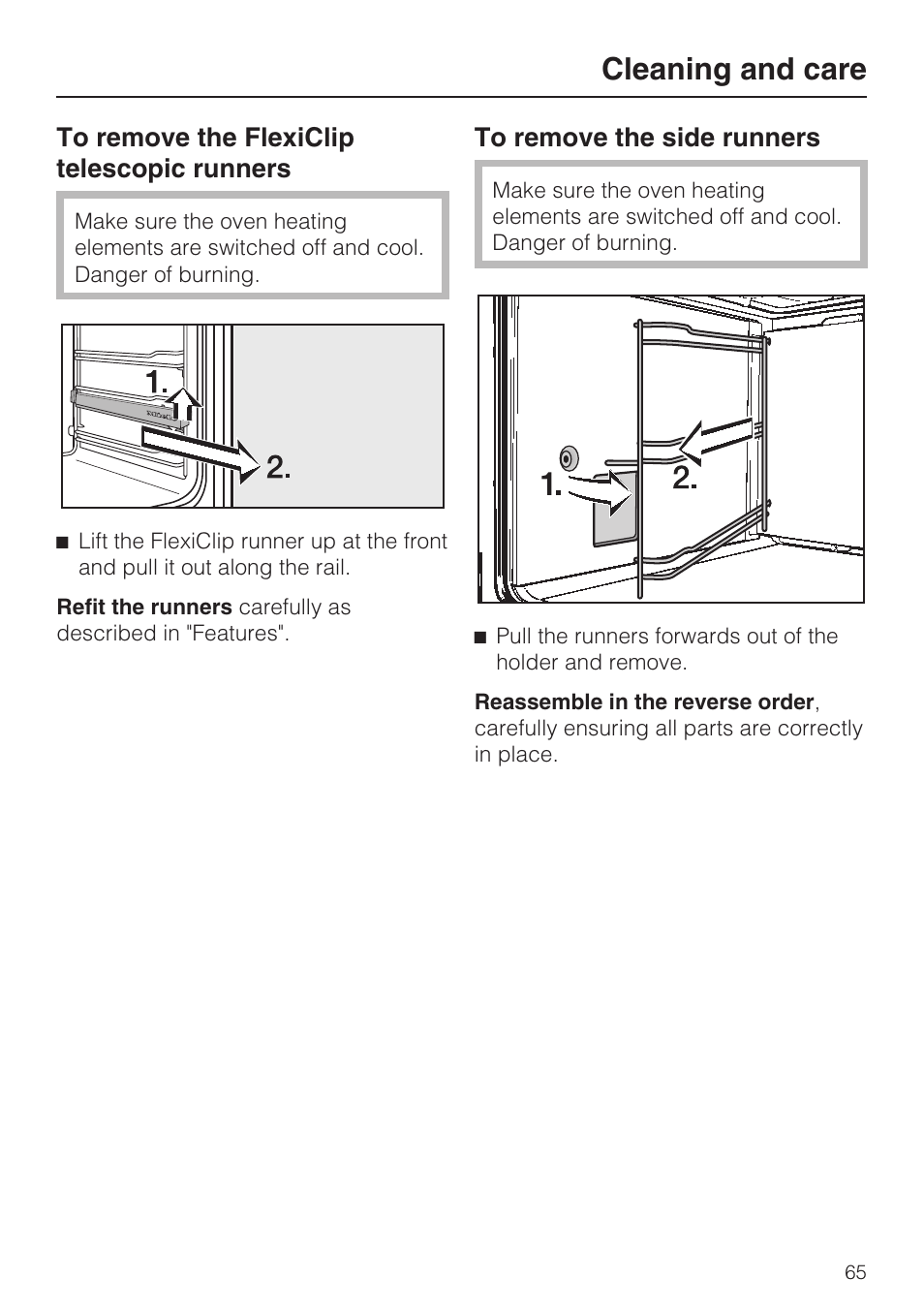 To remove the flexiclip telescopic runners 65, To remove the side runners 65, Cleaning and care | Miele H 5961 B User Manual | Page 65 / 84