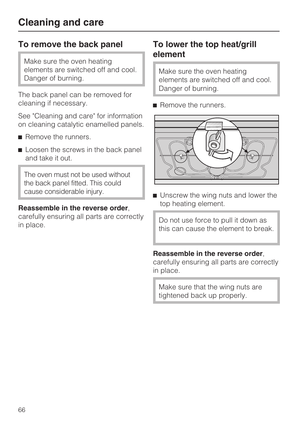 To remove the back panel 66, To lower the top heat/grill element 66, Cleaning and care | Miele H 5961 B User Manual | Page 66 / 84