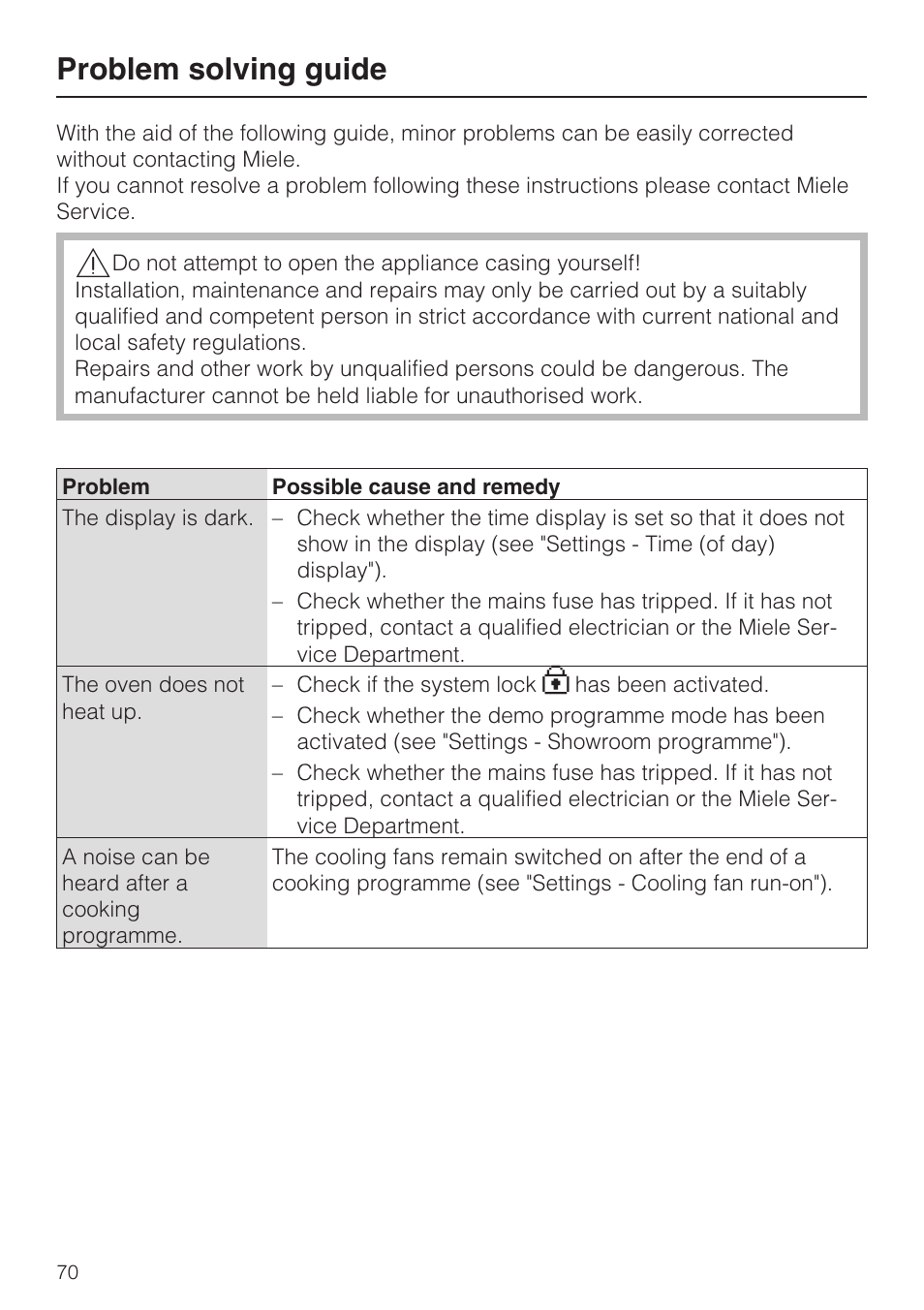 Problem solving guide 70, Problem solving guide | Miele H 5961 B User Manual | Page 70 / 84