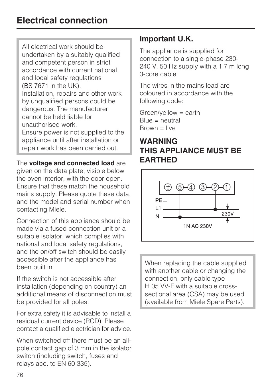 Electrical connection 76, Electrical connection, Important u.k | Warning this appliance must be earthed | Miele H 5961 B User Manual | Page 76 / 84