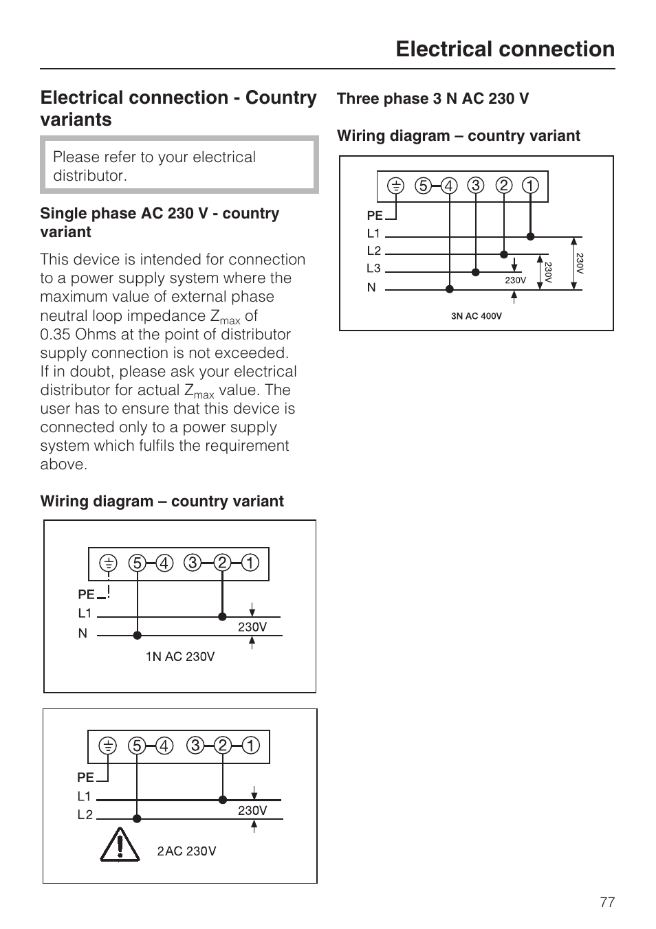 Electrical connection, Electrical connection - country variants | Miele H 5961 B User Manual | Page 77 / 84