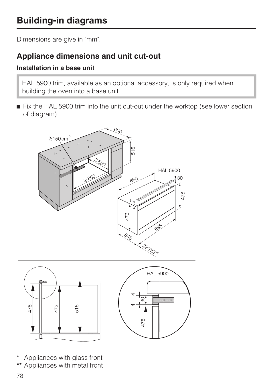 Building-in diagrams 78, Building-in diagrams, Appliance dimensions and unit cut-out | Miele H 5961 B User Manual | Page 78 / 84