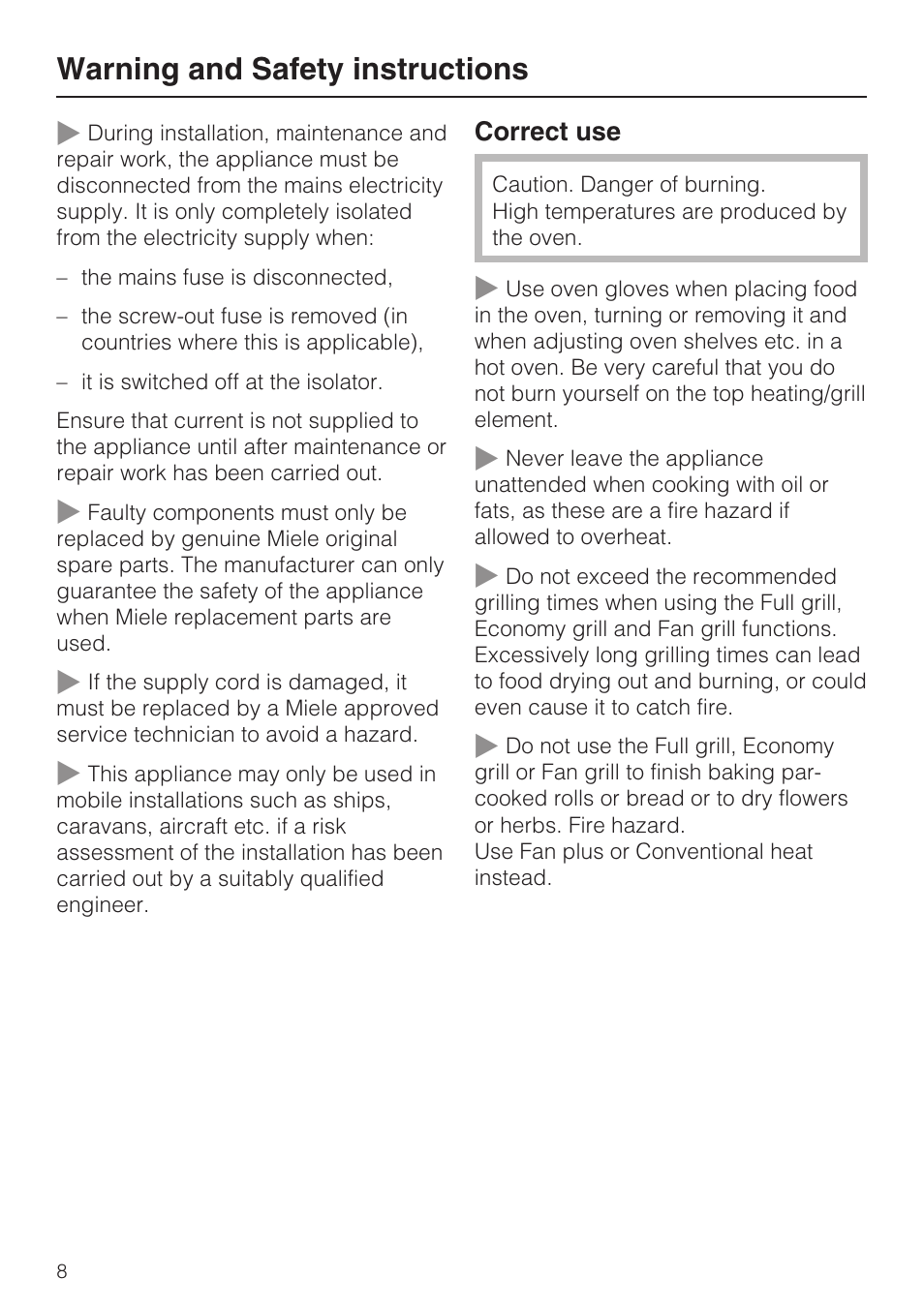 Warning and safety instructions | Miele H 5961 B User Manual | Page 8 / 84