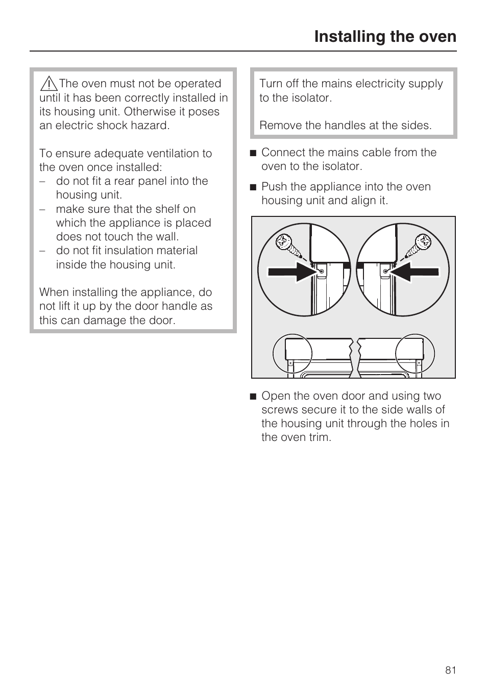 Installing the oven 81, Installing the oven | Miele H 5961 B User Manual | Page 81 / 84