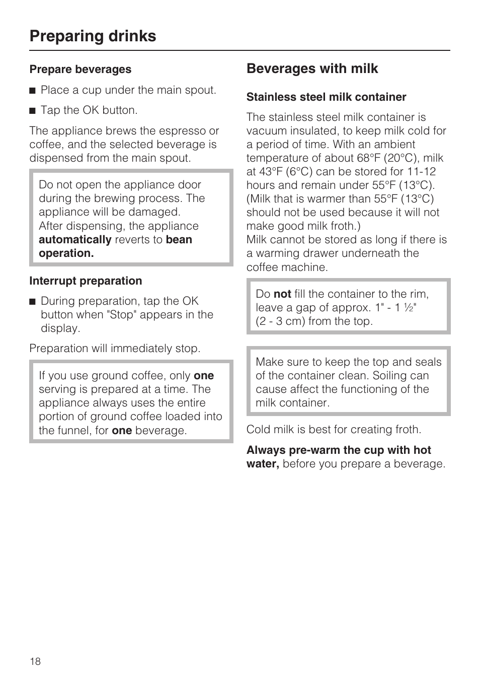 Beverages with milk 18, Preparing drinks, Beverages with milk | Miele CVA 4068 User Manual | Page 18 / 72