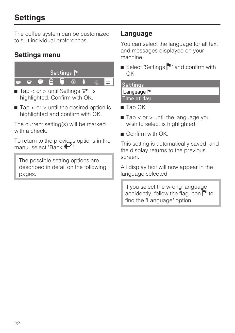Settings 22, Language 22, Settings | Settings menu, Language | Miele CVA 4068 User Manual | Page 22 / 72