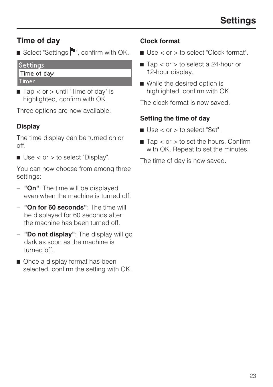 Time of day 23, Settings, Time of day | Miele CVA 4068 User Manual | Page 23 / 72