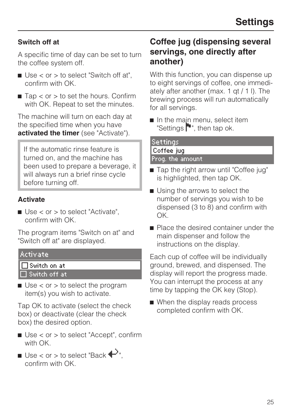 Settings | Miele CVA 4068 User Manual | Page 25 / 72