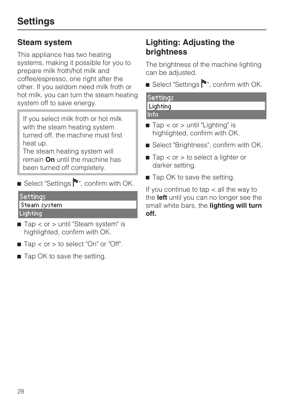 Steam system 28, Lighting: adjusting the brightness 28, Settings | Steam system, Lighting: adjusting the brightness | Miele CVA 4068 User Manual | Page 28 / 72