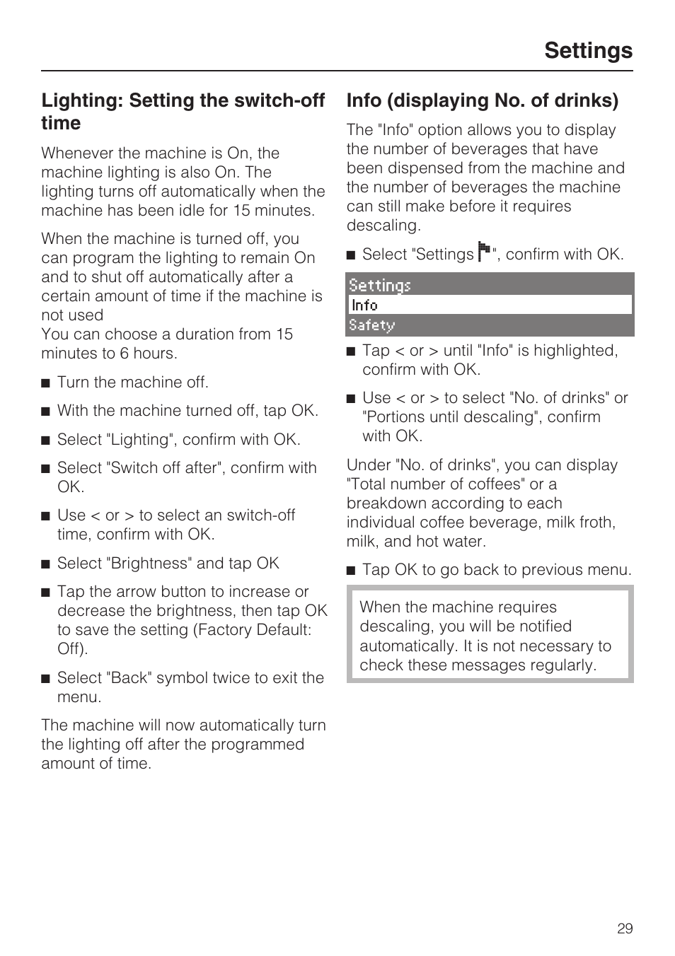 Lighting: setting the switch-off time 29, Info (displaying no. of drinks) 29, Settings | Lighting: setting the switch-off time, Info (displaying no. of drinks) | Miele CVA 4068 User Manual | Page 29 / 72