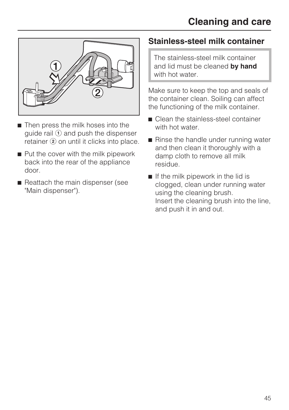 Cleaning and care, Stainless-steel milk container | Miele CVA 4068 User Manual | Page 45 / 72