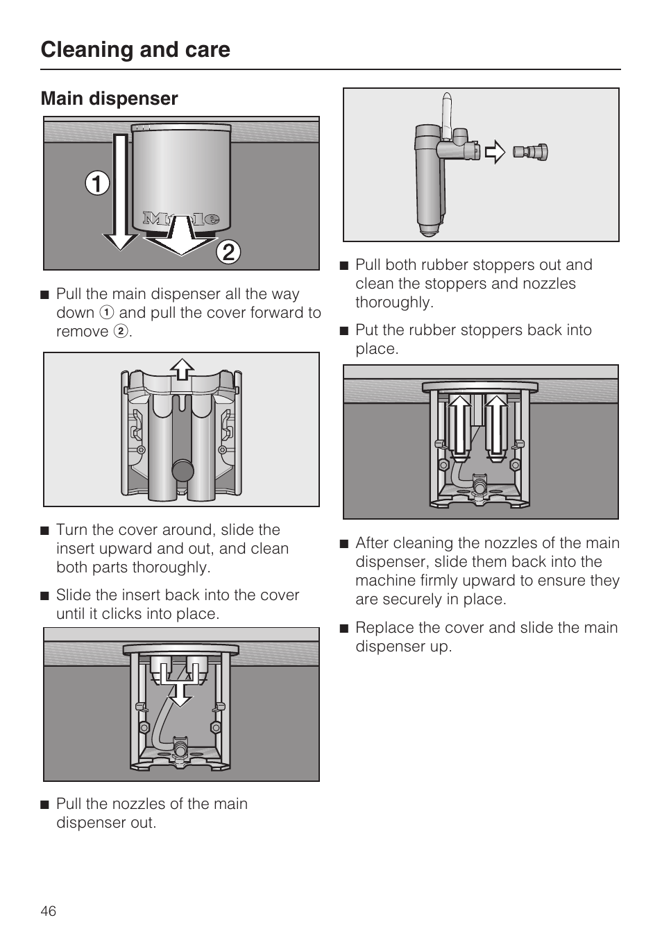 Cleaning and care, Main dispenser | Miele CVA 4068 User Manual | Page 46 / 72