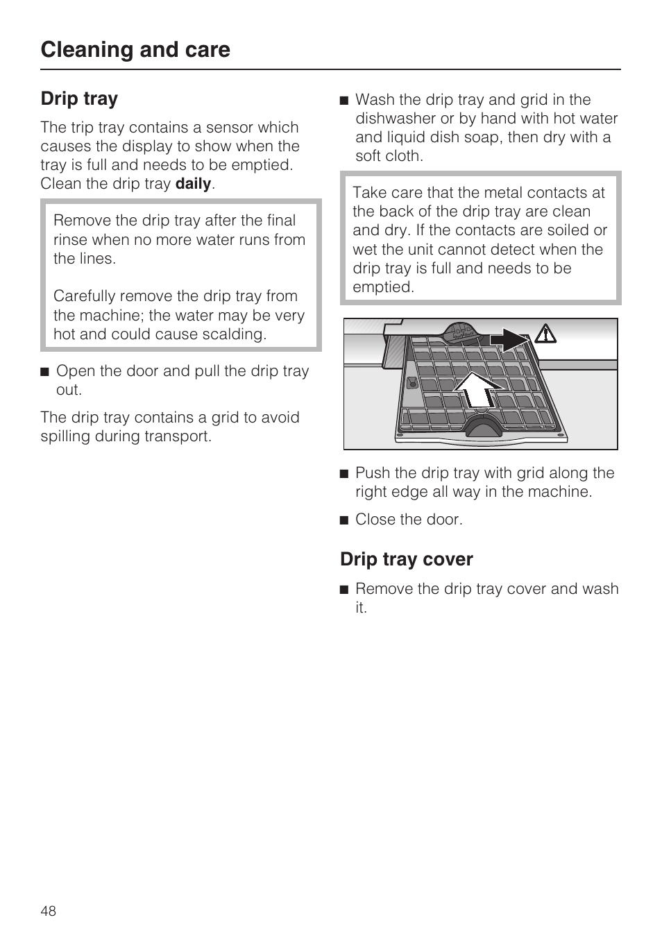 Cleaning and care, Drip tray, Drip tray cover | Miele CVA 4068 User Manual | Page 48 / 72