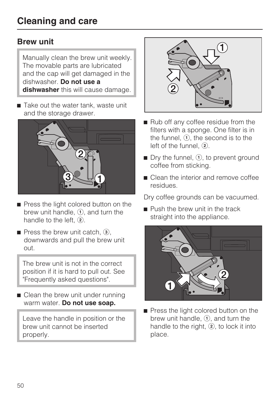 Cleaning and care, Brew unit | Miele CVA 4068 User Manual | Page 50 / 72
