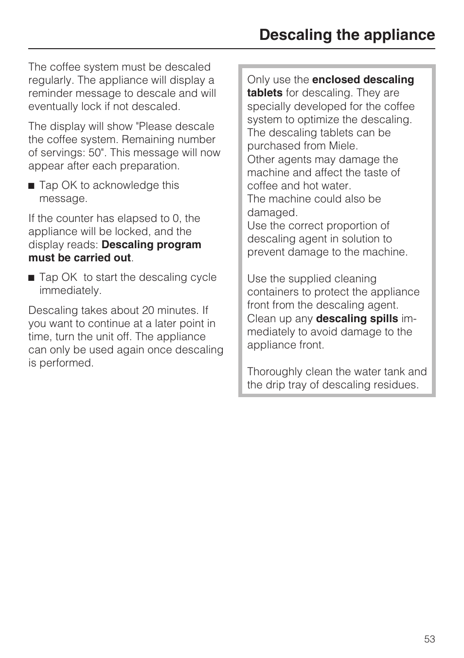 Descaling the appliance 53, Descaling the appliance | Miele CVA 4068 User Manual | Page 53 / 72