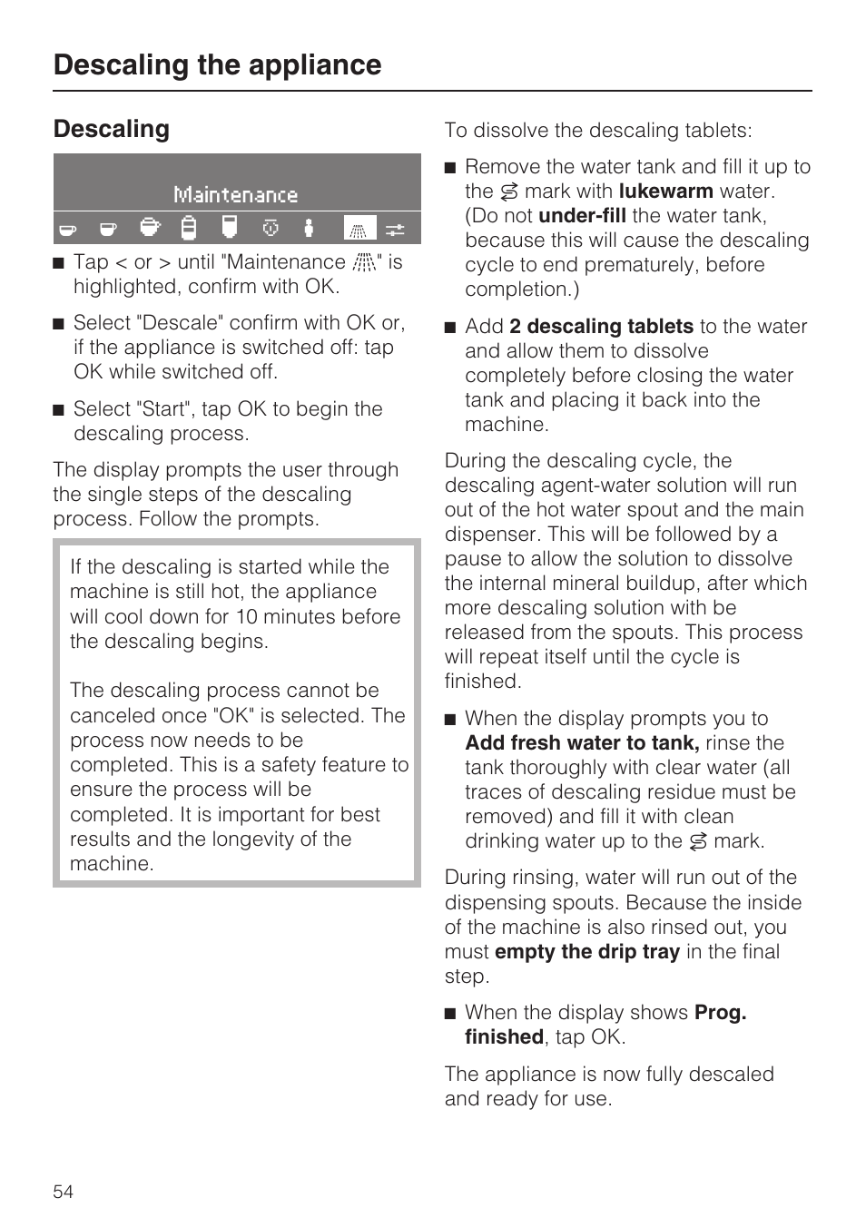 Descaling the appliance, Descaling | Miele CVA 4068 User Manual | Page 54 / 72