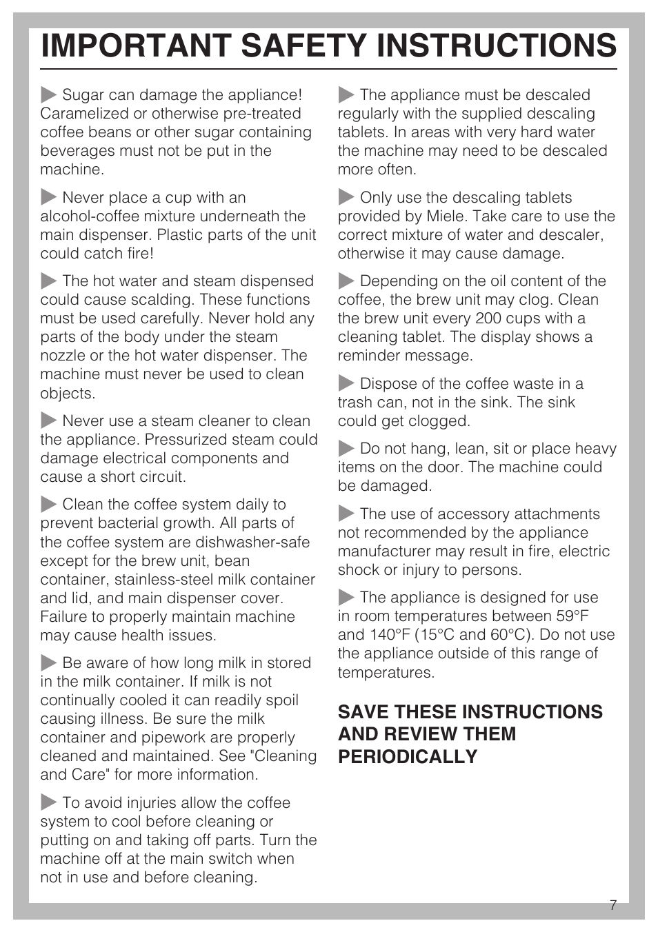 Important safety instructions | Miele CVA 4068 User Manual | Page 7 / 72