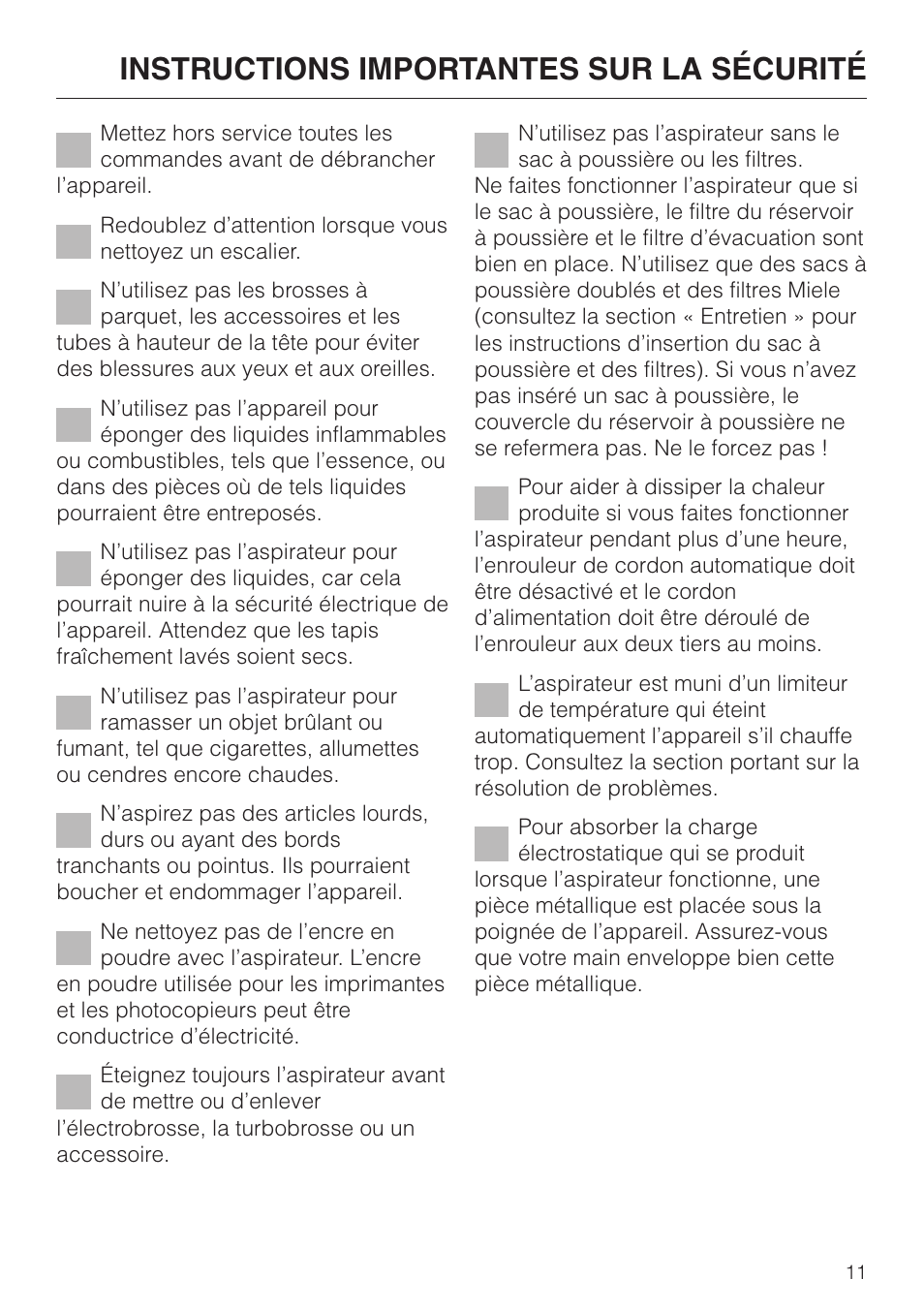 Instructions importantes sur la sécurité | Miele S 658 User Manual | Page 11 / 48