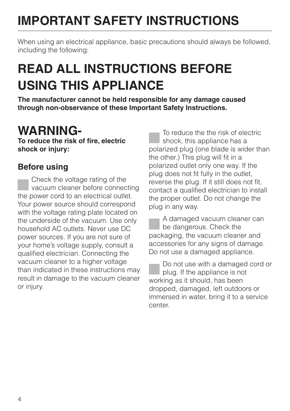 Important safety instructions 4, Important safety instructions, Read all instructions before using this appliance | Warning | Miele S 658 User Manual | Page 4 / 48