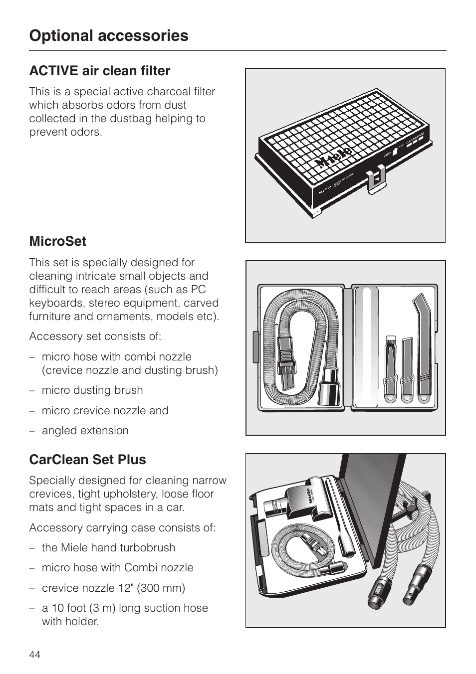 Optional accessories, Active air clean filter, Microset | Carclean set plus | Miele S 658 User Manual | Page 44 / 48