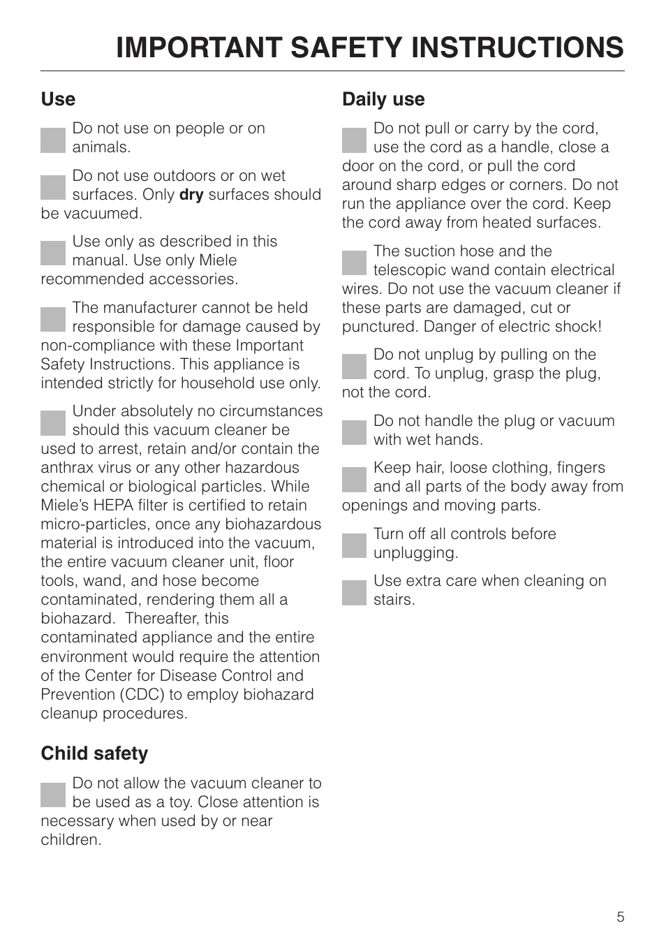 Important safety instructions, Child safety, Daily use | Miele S 658 User Manual | Page 5 / 48