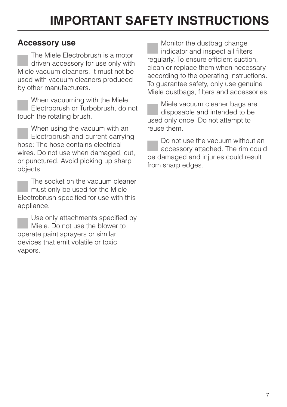 Important safety instructions, Accessory use | Miele S 658 User Manual | Page 7 / 48