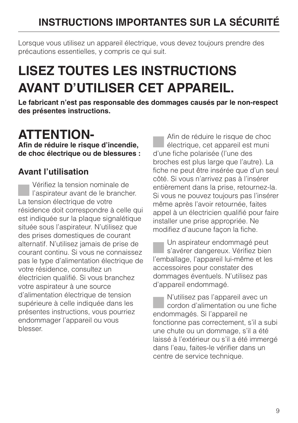 Instructions importantes sur la sécurité 9, Instructions importantes sur la sécurité, Attention | Miele S 658 User Manual | Page 9 / 48