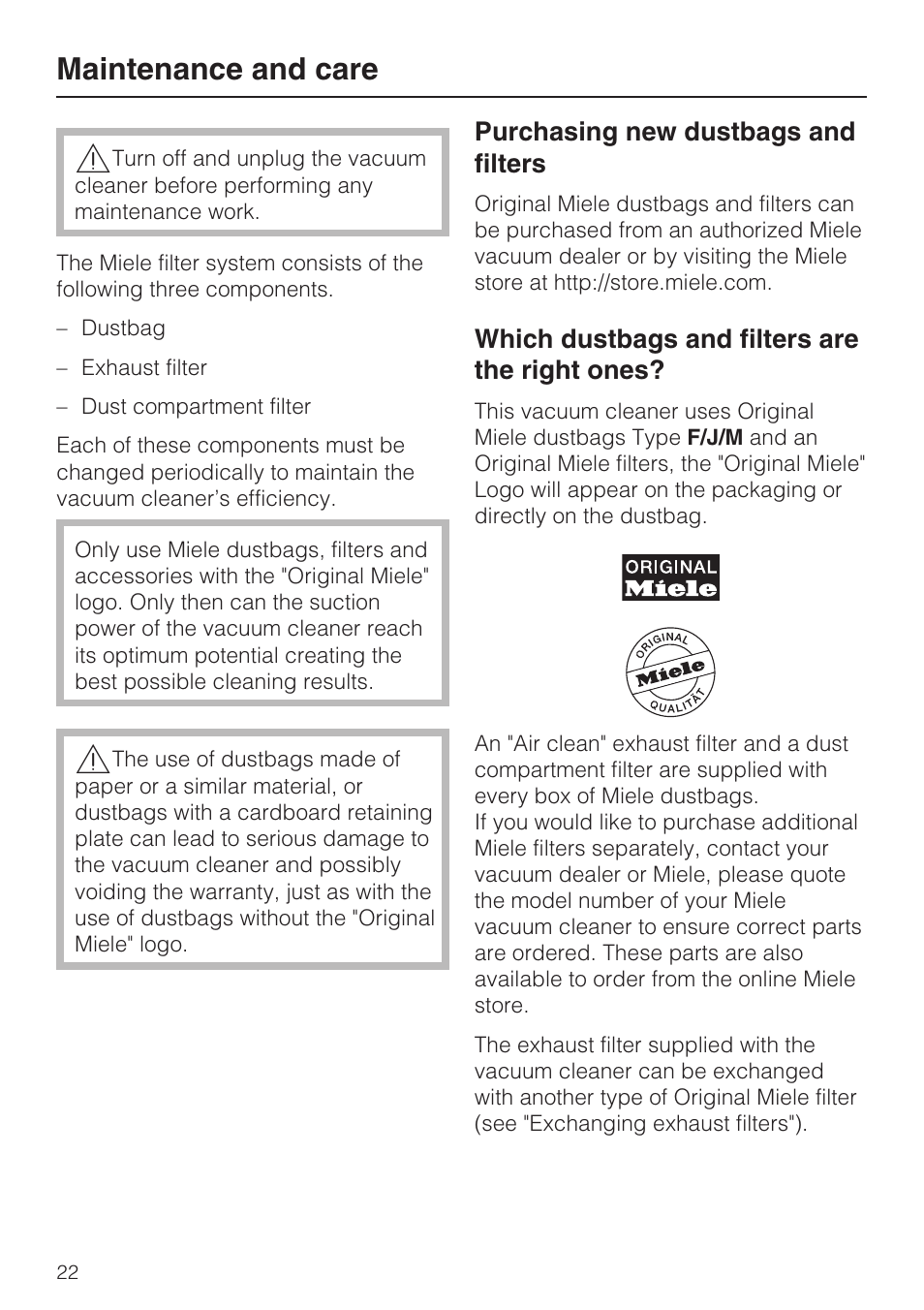 Maintenance and care 22, Purchasing new dustbags and filters 22, Which dustbags and filters are the right ones? 22 | Maintenance and care | Miele S 700 User Manual | Page 22 / 44